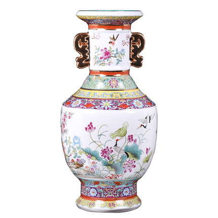 Qing dynasty qian long two ears porcelain vase with birds and flowers Jahrriesnge porcelain of binaural golden vase cna0086