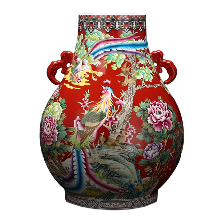 Large hand-painted enamel pastel red ceramic flower vase with phoenix Jahrriesnge porcelain of vase cna0121