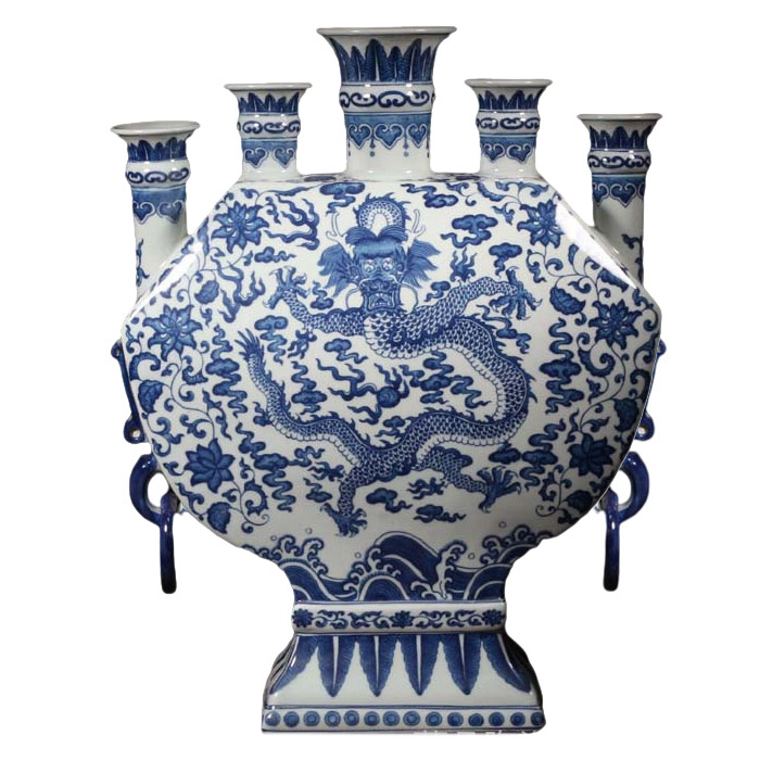Vintage hand-painted blue and white dragon pattern five holes flat pot Jahrriesnge porcelain of vase cna0131