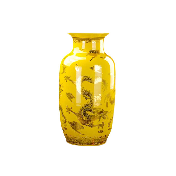 Extra large yellow in gold floor ceramic vase with dragon multiple Jahrriesnge porcelain of vase cna0197