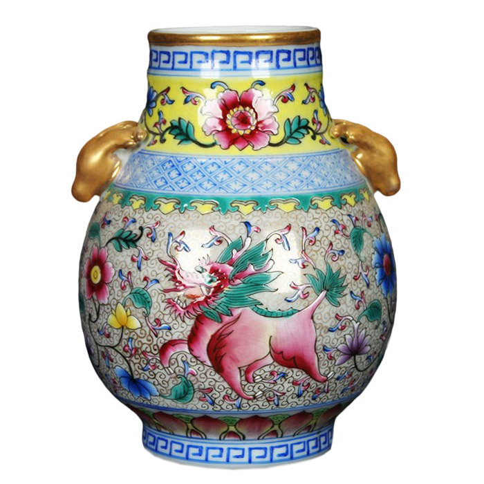 Enamel phoenix hair and kirin horns gilt double-eared deer head vase Jahrriesnge porcelain of hand drawn mini vase cna0332