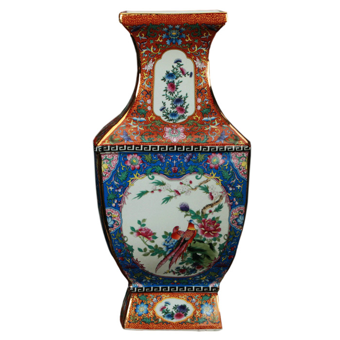 Vintage enamel square porcelain vase with flowers and birds Jahrriesnge porcelain of color glaze vase cna0353
