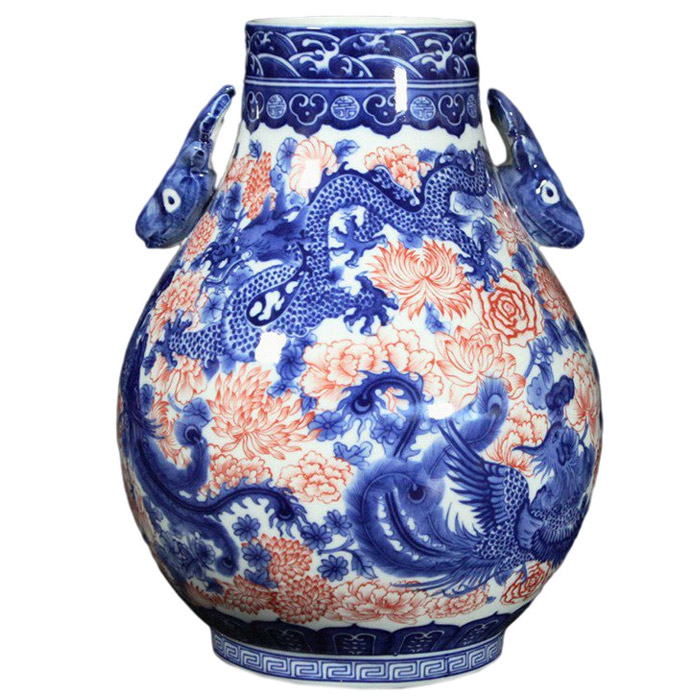 Blue and white underglaze red flowers vase with dragon and phoenix Jahrriesnge porcelain of color glaze vase cna0357