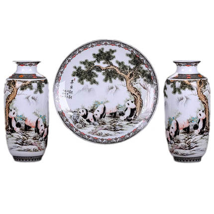 three-piece pandas and tree decoration ceramic hanging plate and vase Jahrriesnge porcelain of vase set three pieces cna0568