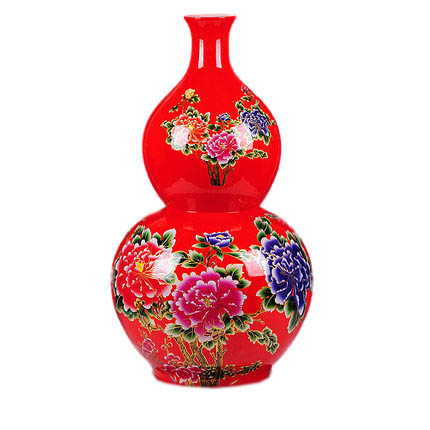 Red gourd shape ceramic vase with peony flowers pattern on the ground Jahrriesnge porcelain of red gourd vase cna0724