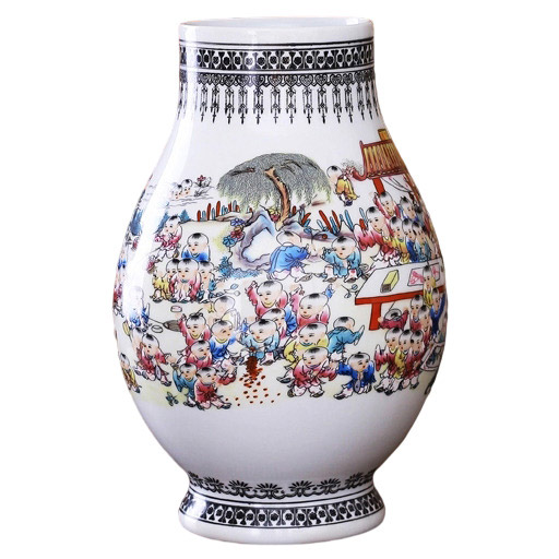 Bucket shape children figure pastel ceramic vase Jahrriesnge porcelain of pastel one hundred children figure vase cna0785