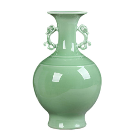 Two ears long neck mint glazed green chinese porcelain vases Jahrriesnge porcelain of green binaural vase cna0914