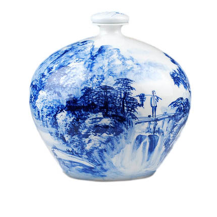 Designer hand painted blue and white landscape ceramic storage jar Jahrriesnge porcelain of landscape painting vase cna1089