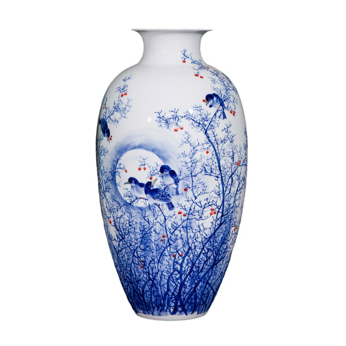 Hand-painted large blue and white ceramic vase with birds and fruits Jahrriesnge porcelain of crack glaze vase cna1240