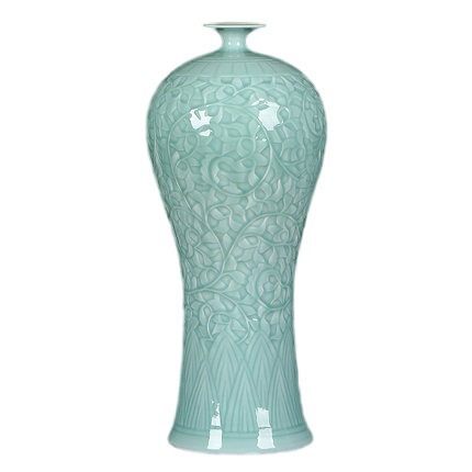 Vintage big celadon lotus carved textured glazed ceramic vase ornament Jahrriesnge porcelain of carving shadow blue glaze vase cna1305