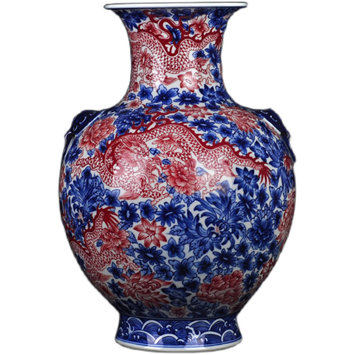 Vintage hand painted blue and white underglaze red porcelain vase Jahrriesnge porcelain of cna1382