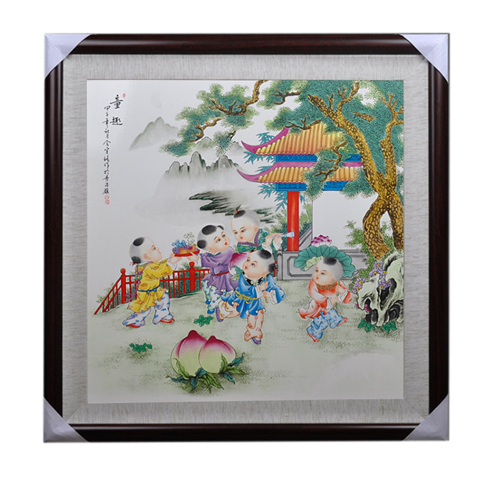 Decorative square boys playing painting ceramic wall hanging plates Jahrriesnge porcelain painting of cna1470