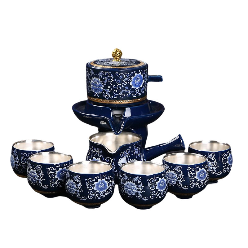999 sterling silver automatic gilt silver liner Kung Fu tea set Jahrriesnge porcelain of cna1703